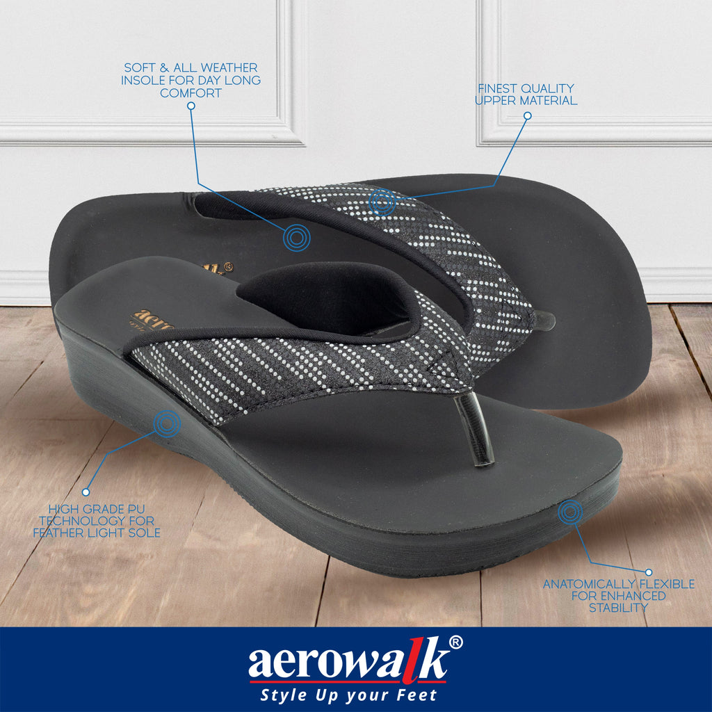Aerowalk Women Black V-Shape Sandal with Polka Dotted Upper (0823_BLACK)