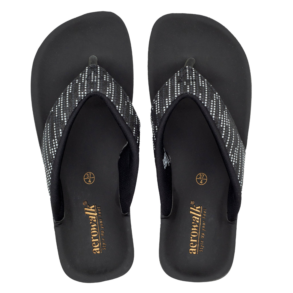 Aerowalk Women Black V-Shape Sandal with Polka Dotted Upper (0823_BLACK)