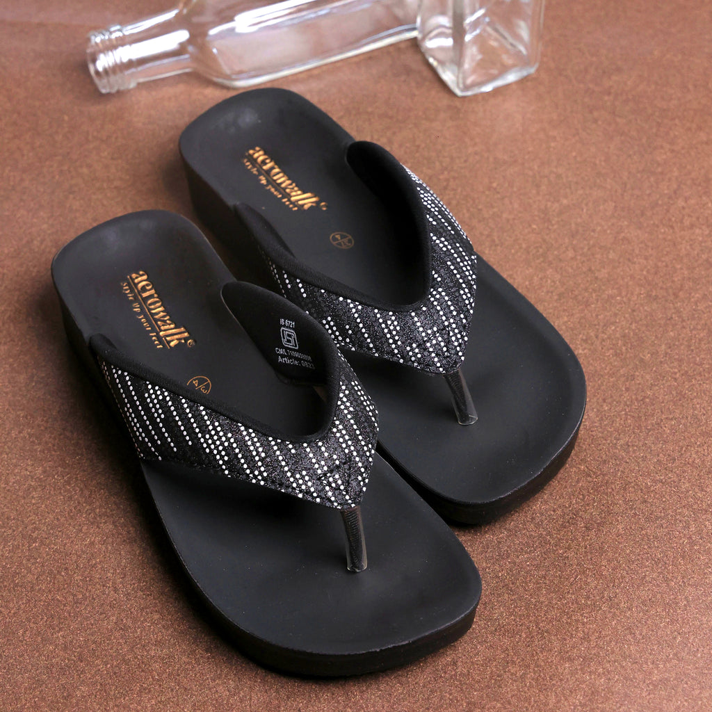 Aerowalk Women Black V-Shape Sandal with Polka Dotted Upper (0823_BLACK)