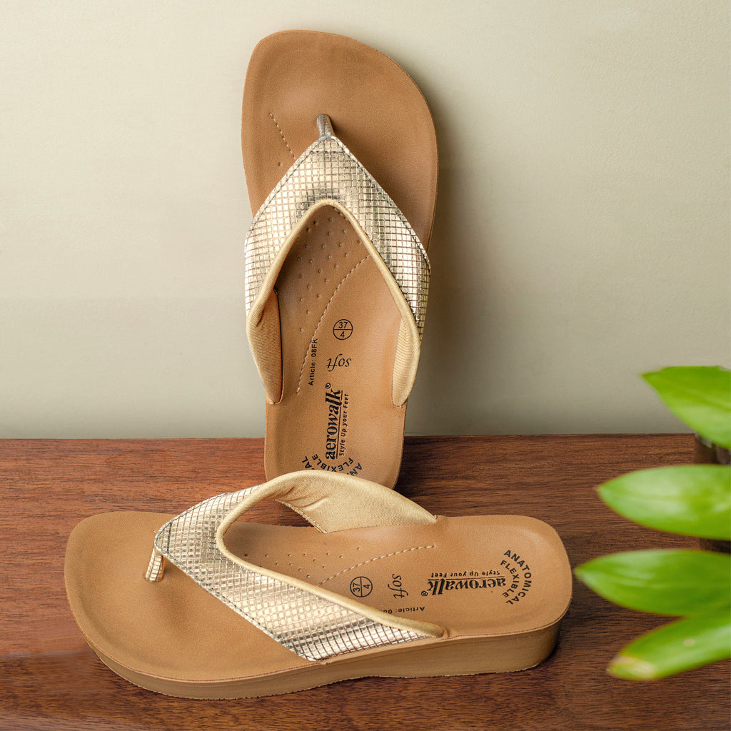 Aerowalk Women Gold Slip-On Sandal with Checkered Upper (08FK_GOLD)