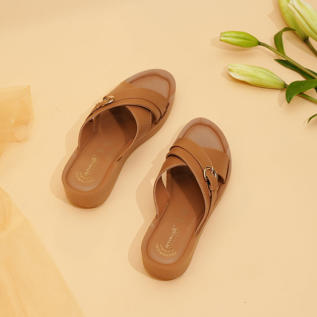 Aerowalk Women Tan Open Toe Sandal with Buckle Styling Upper (AT19_TAN)