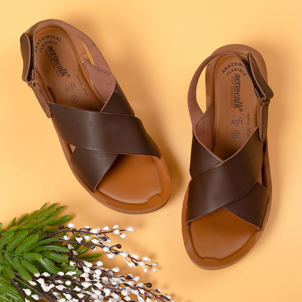 Aerowalk Women Brown Wedges Sandal with Velcro Closure (AT34_BROWN)