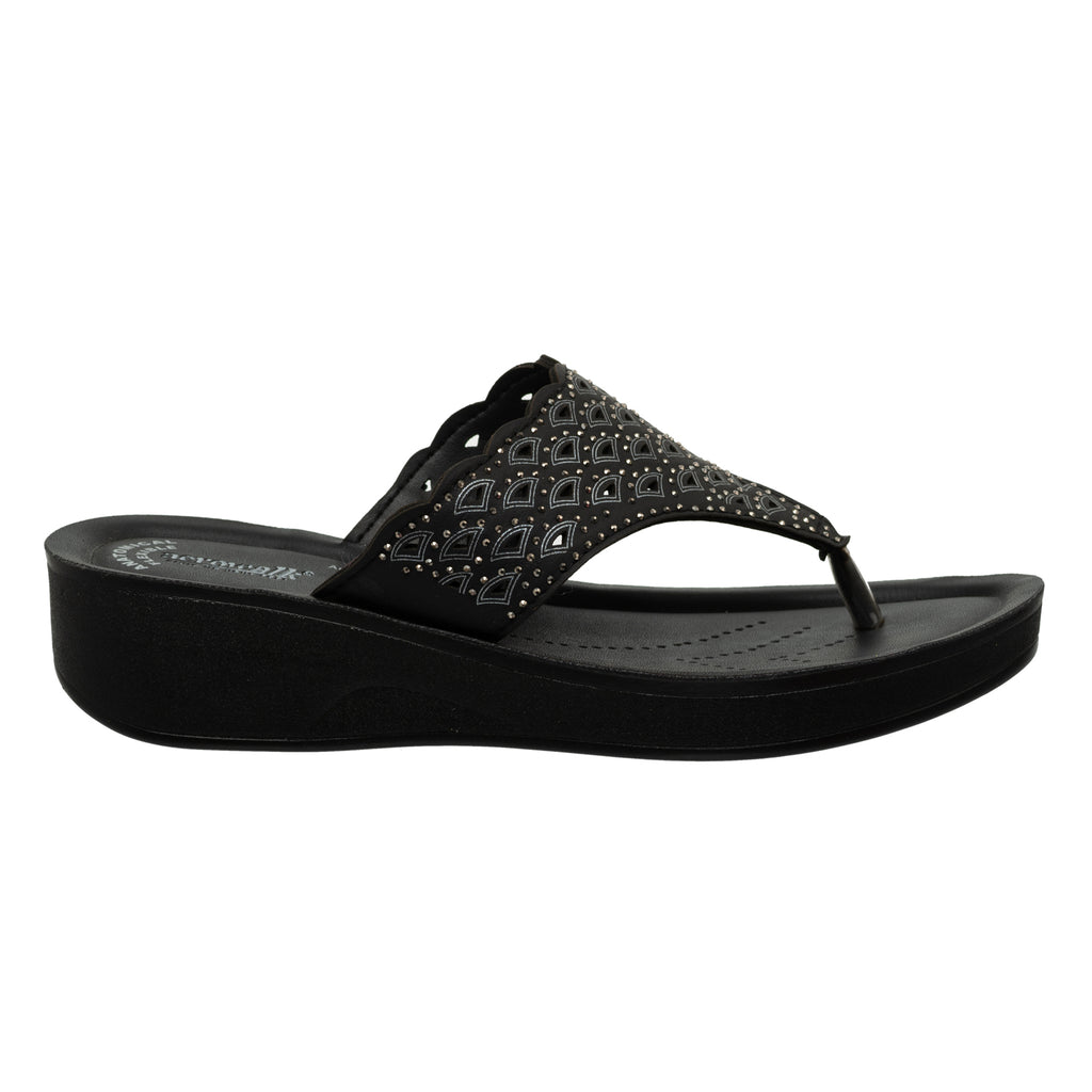 Aerowalk Women Black Slip-on Sandal with Laser-cut Upper (AT68_BLACK)