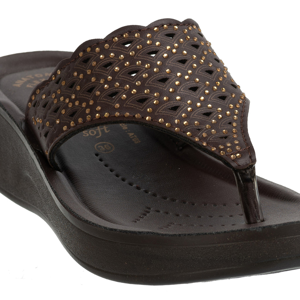 Aerowalk Women Brown Slip-on Sandal with Laser-cut Upper (AT68_BROWN)