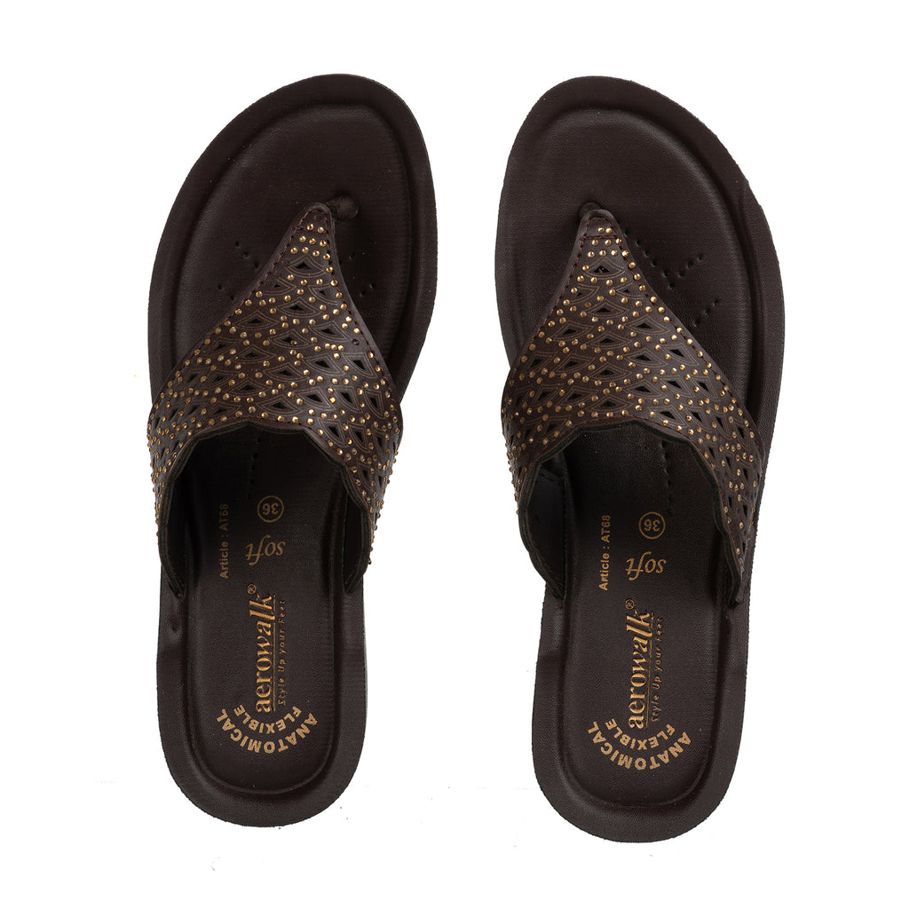 Aerowalk Women Brown Slip-on Sandal with Laser-cut Upper (AT68_BROWN)
