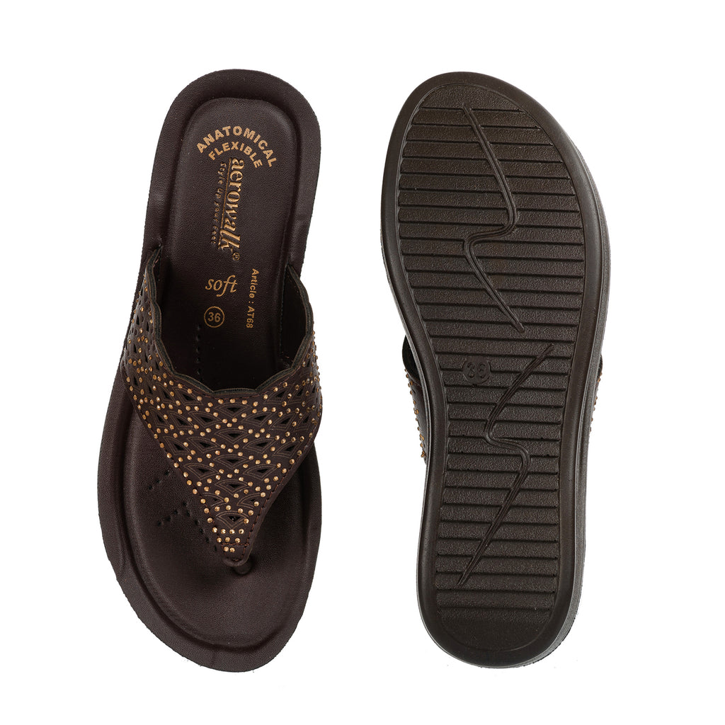 Aerowalk Women Brown Slip-on Sandal with Laser-cut Upper (AT68_BROWN)