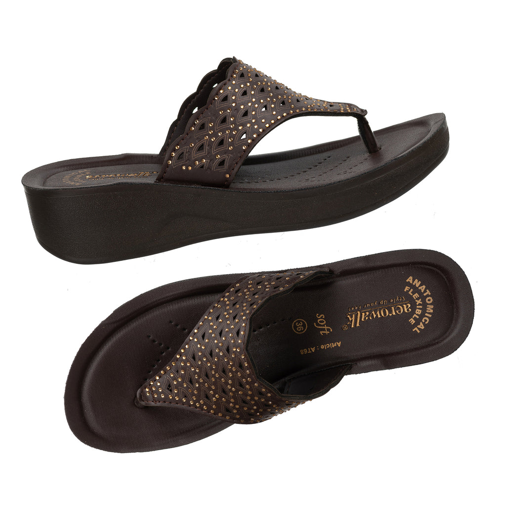 Aerowalk Women Brown Slip-on Sandal with Laser-cut Upper (AT68_BROWN)