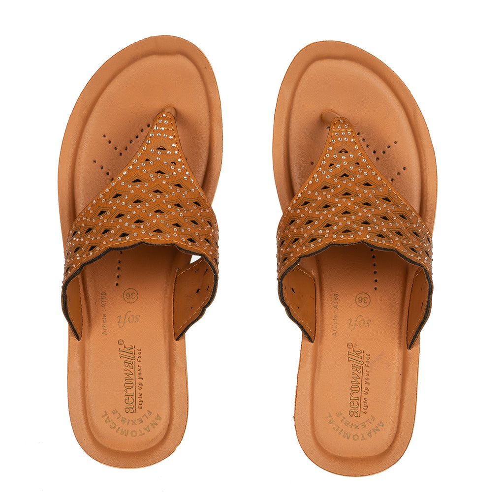 Aerowalk Women Camel Slip-on Sandal with Laser-cut Upper (AT68_CAMEL)