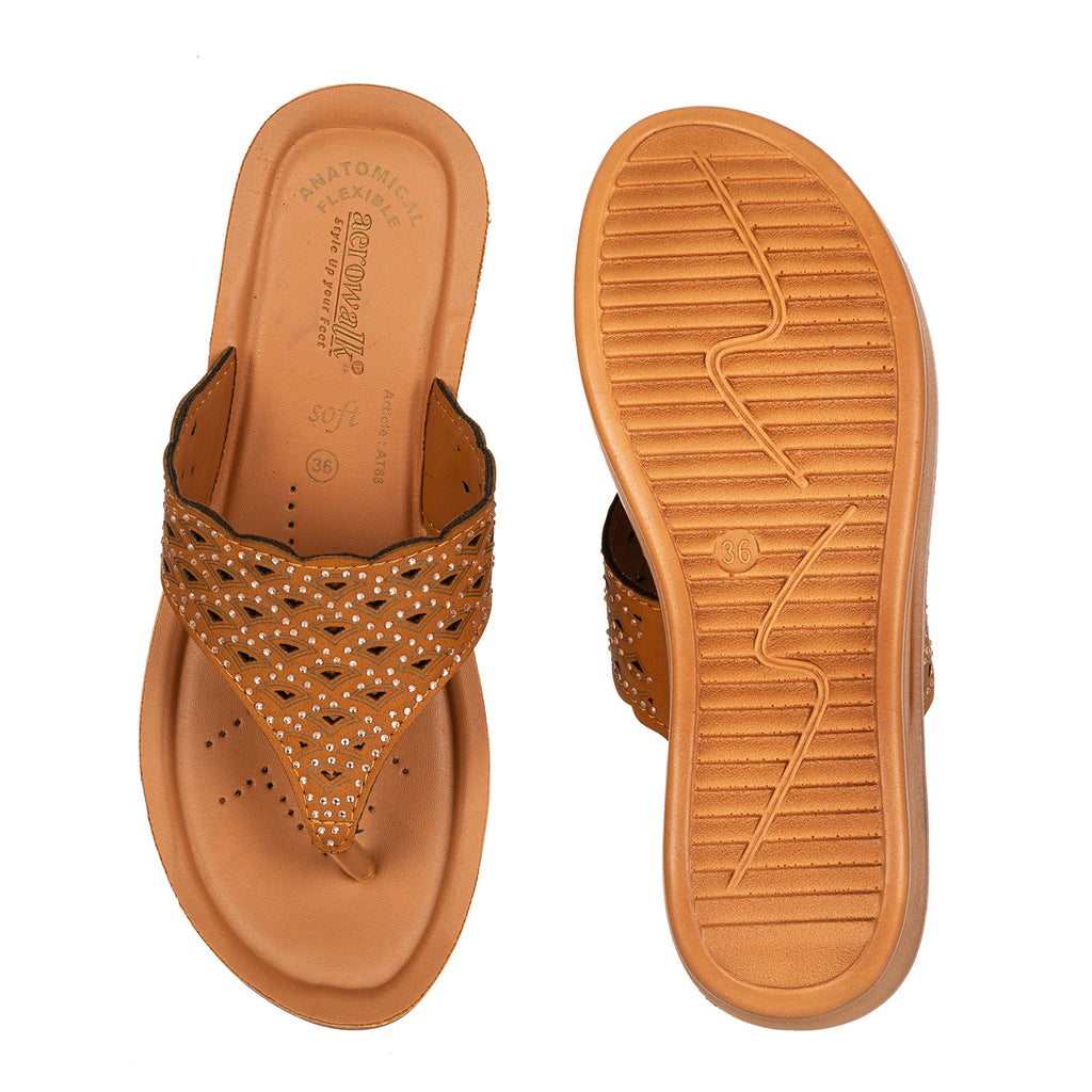 Aerowalk Women Camel Slip-on Sandal with Laser-cut Upper (AT68_CAMEL)