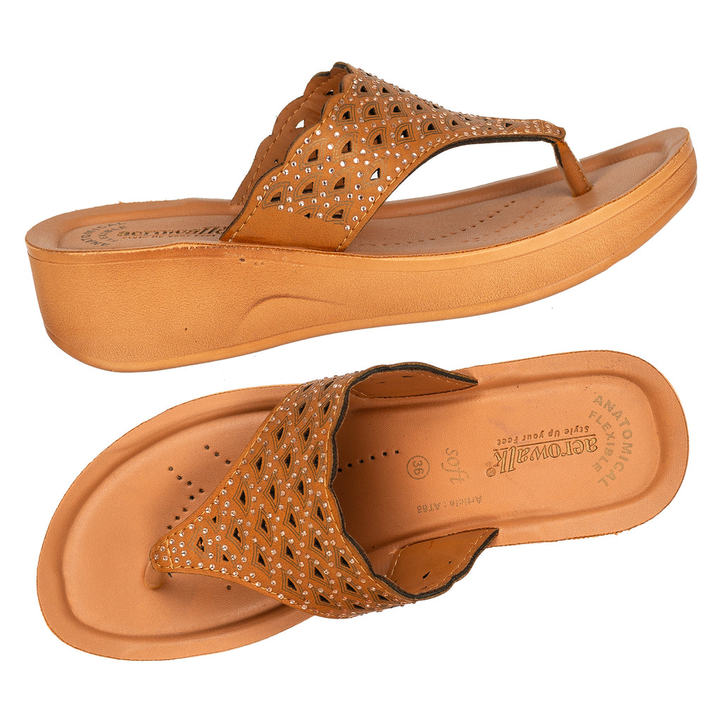 Aerowalk Women Camel Slip-on Sandal with Laser-cut Upper (AT68_CAMEL)