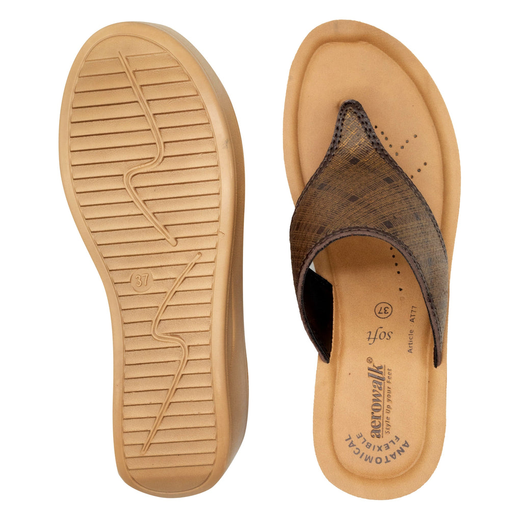 Aerowalk Women Brown Thong Style Wedge Sandal with Checkered Upper (AT77_BROWN)