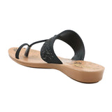 Aerowalk Women Black T-Shape Flat Sandal with Laser Cut Upper (CN47_BLACK)