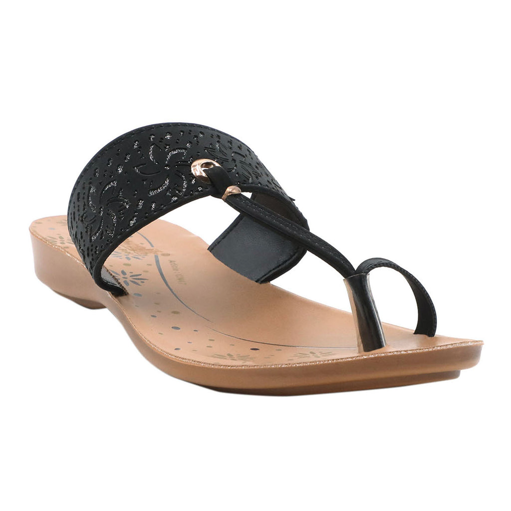 Aerowalk Women Black T-Shape Flat Sandal with Laser Cut Upper (CN47_BLACK)