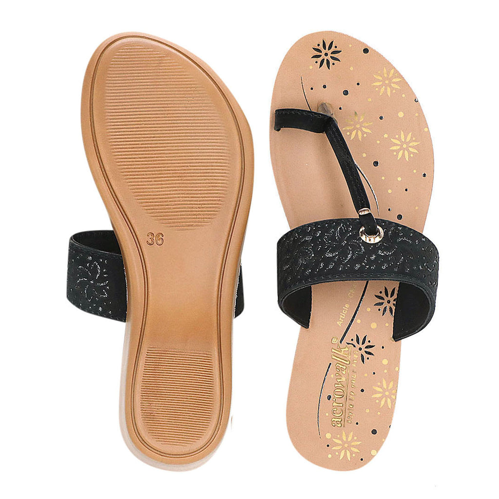 Aerowalk Women Black T-Shape Flat Sandal with Laser Cut Upper (CN47_BLACK)