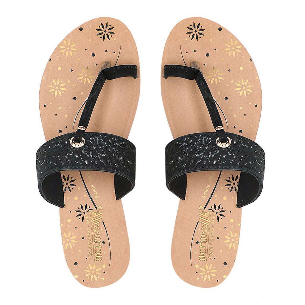 Aerowalk Women Black T-Shape Flat Sandal with Laser Cut Upper (CN47_BLACK)