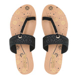 Aerowalk Women Black T-Shape Flat Sandal with Laser Cut Upper (CN47_BLACK)