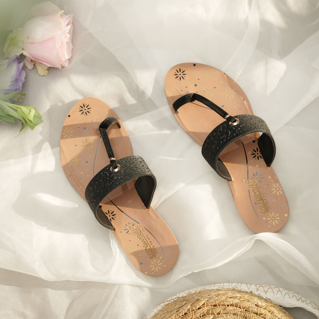 Aerowalk Women Black T-Shape Flat Sandal with Laser Cut Upper (CN47_BLACK)