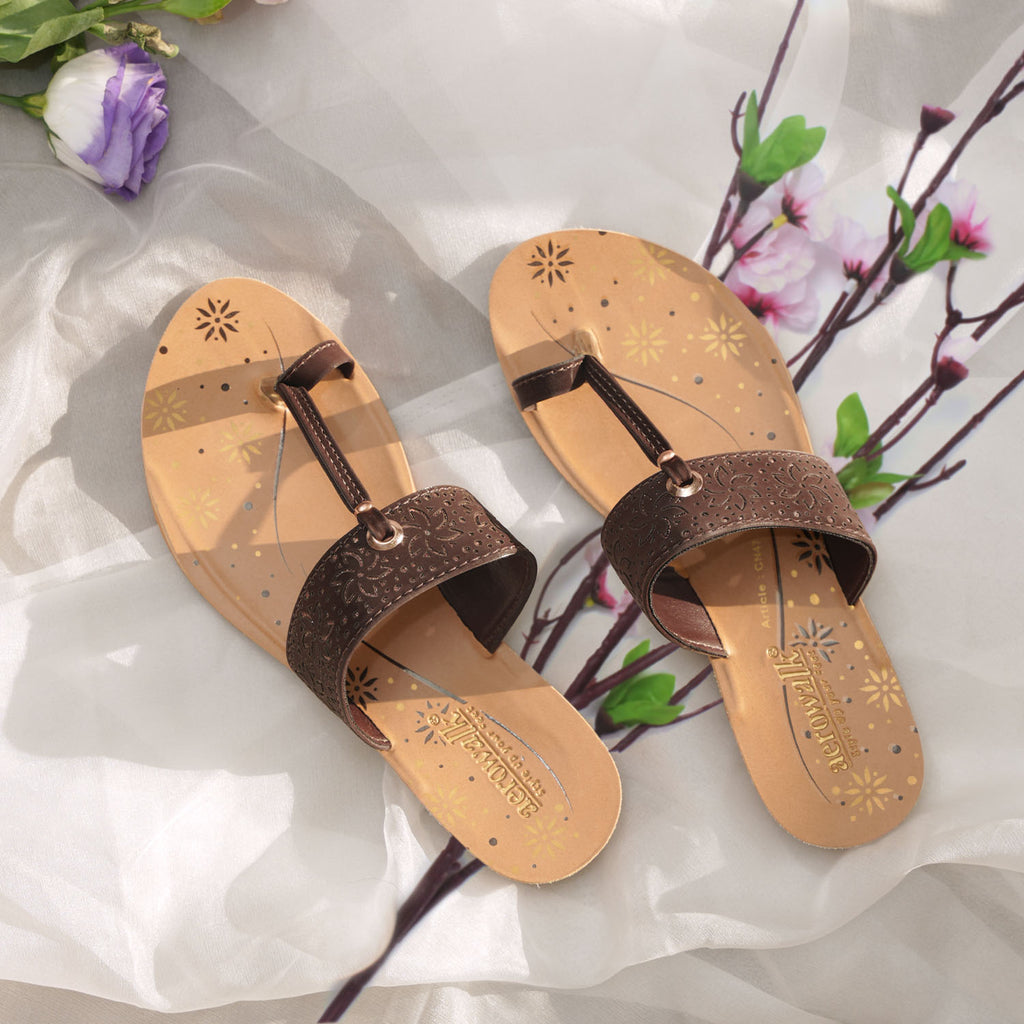 Aerowalk Women Brown T-Shape Flat Sandal with Laser Cut Upper (CN47_BROWN)