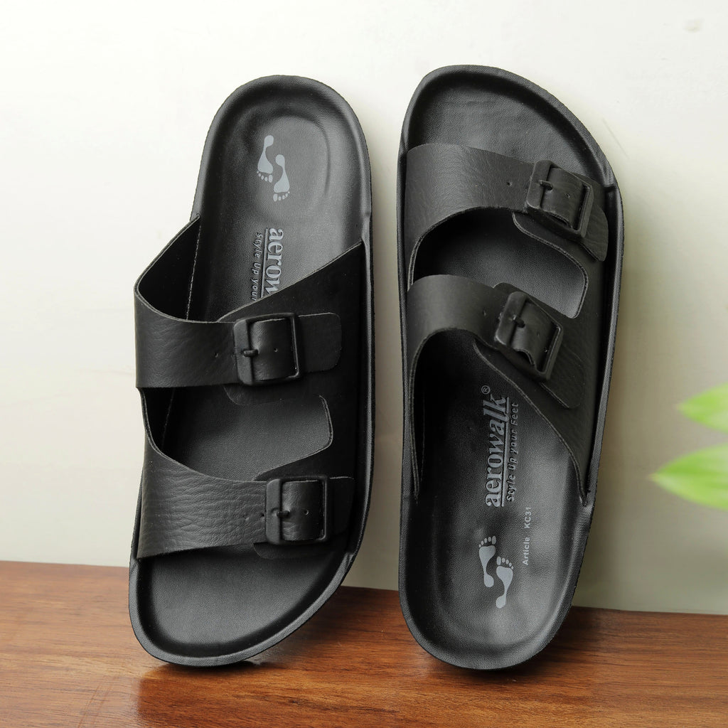 Aerowalk Men Black Mule Shape Slipper with Double Buckle Styling (KC31_BLACK)