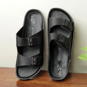 Aerowalk Men Black Mule Shape Slipper with Double Buckle Styling (KC31_BLACK)