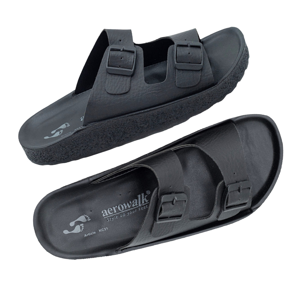 Aerowalk Men Black Mule Shape Slipper with Double Buckle Styling (KC31_BLACK)
