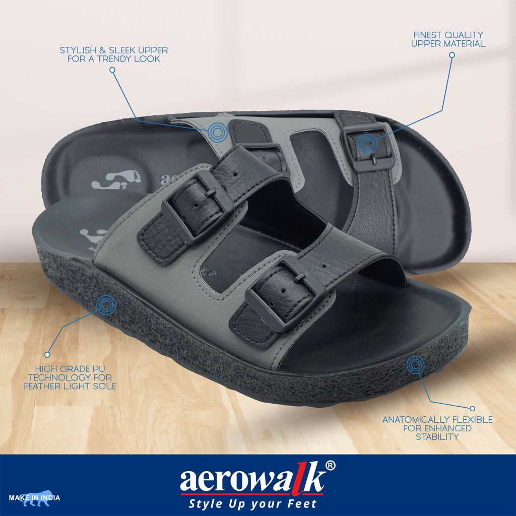 Aerowalk Men Black and Grey Mule Shape Slipper with Double Buckle Styling (KC31_BLK+GRY)