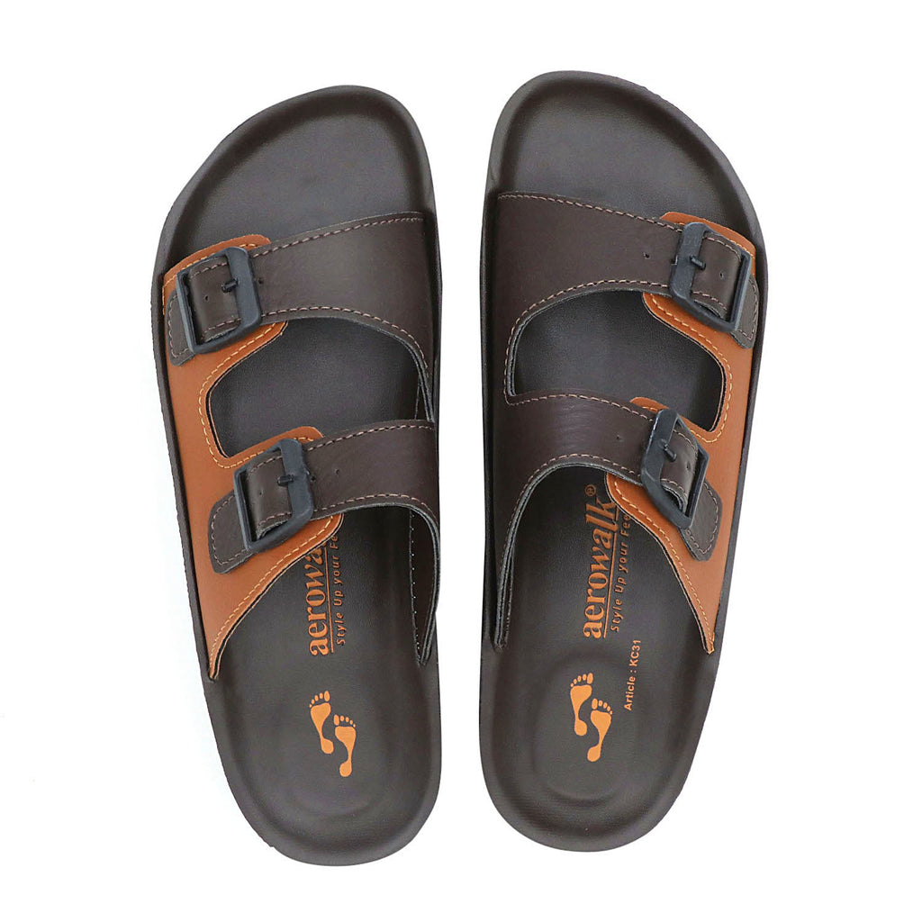 Aerowalk Men Brown & Tan Mule Shape Slipper with Double Buckle Styling (KC31_BROWN+TAN)
