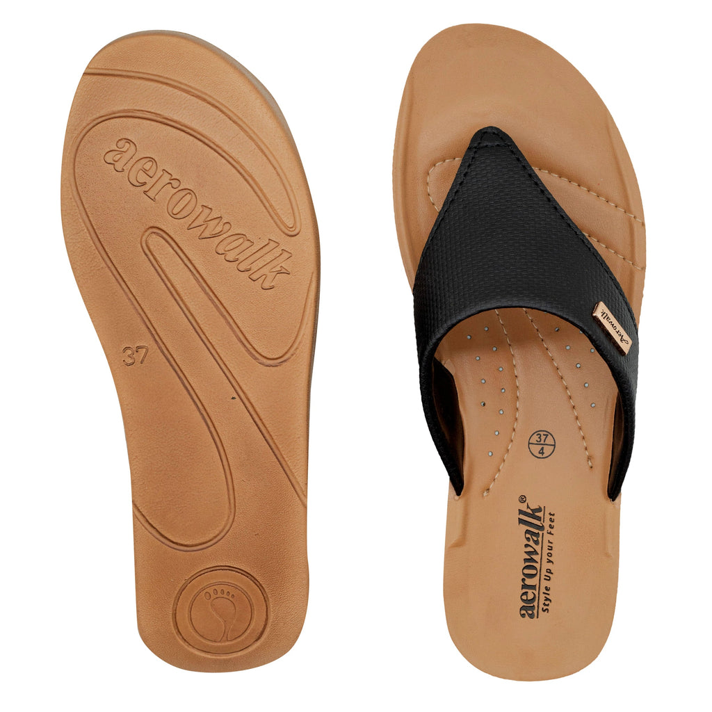 Aerowalk Women Black V-Shape Sandal with Textured Upper (MZ11_BLACK)