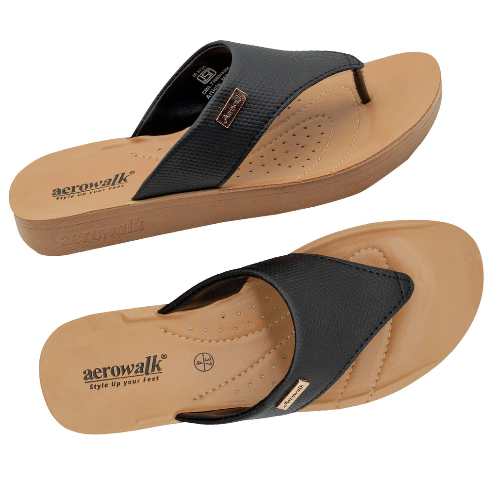 Aerowalk Women Black V-Shape Sandal with Textured Upper (MZ11_BLACK)
