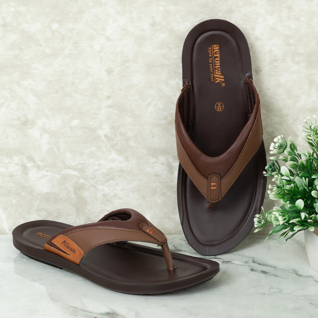 Aerowalk Men Brown Thong Style Sandal with Textured & Colorblocked Upper (NVN9_BROWN)