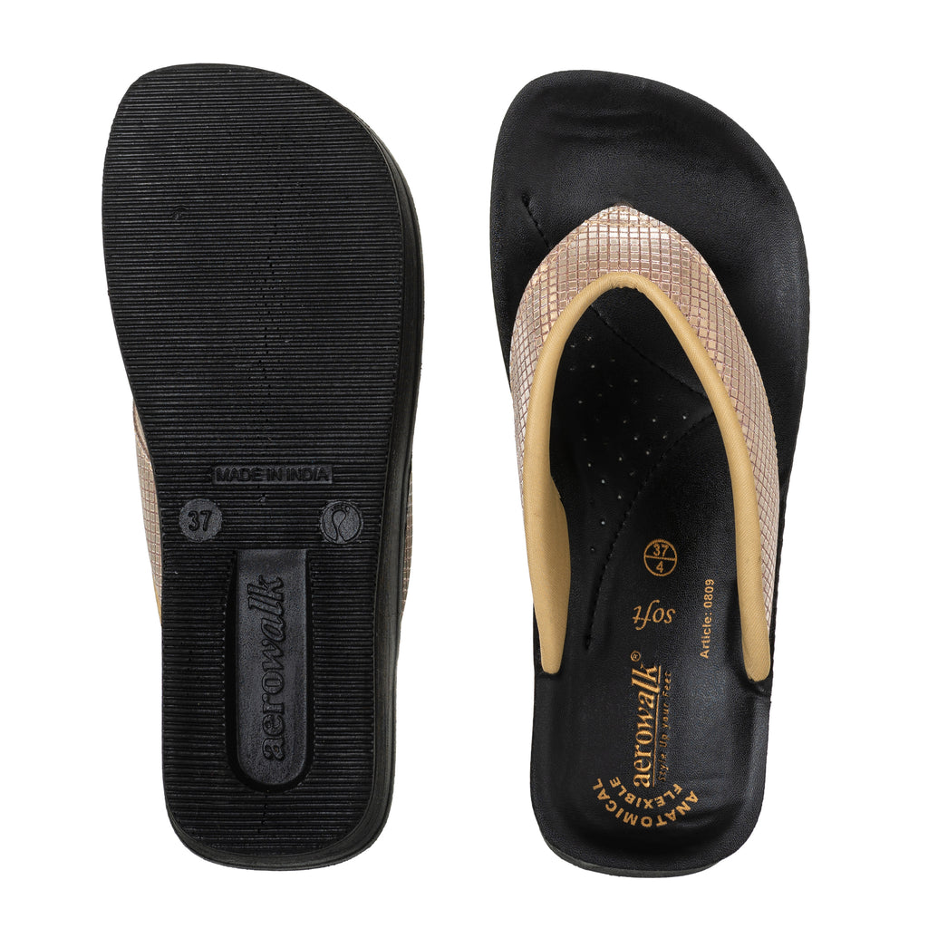Aerowalk Women Antique Gold V-Shape Sandal with Textured Upper (0809_A.GOLD)