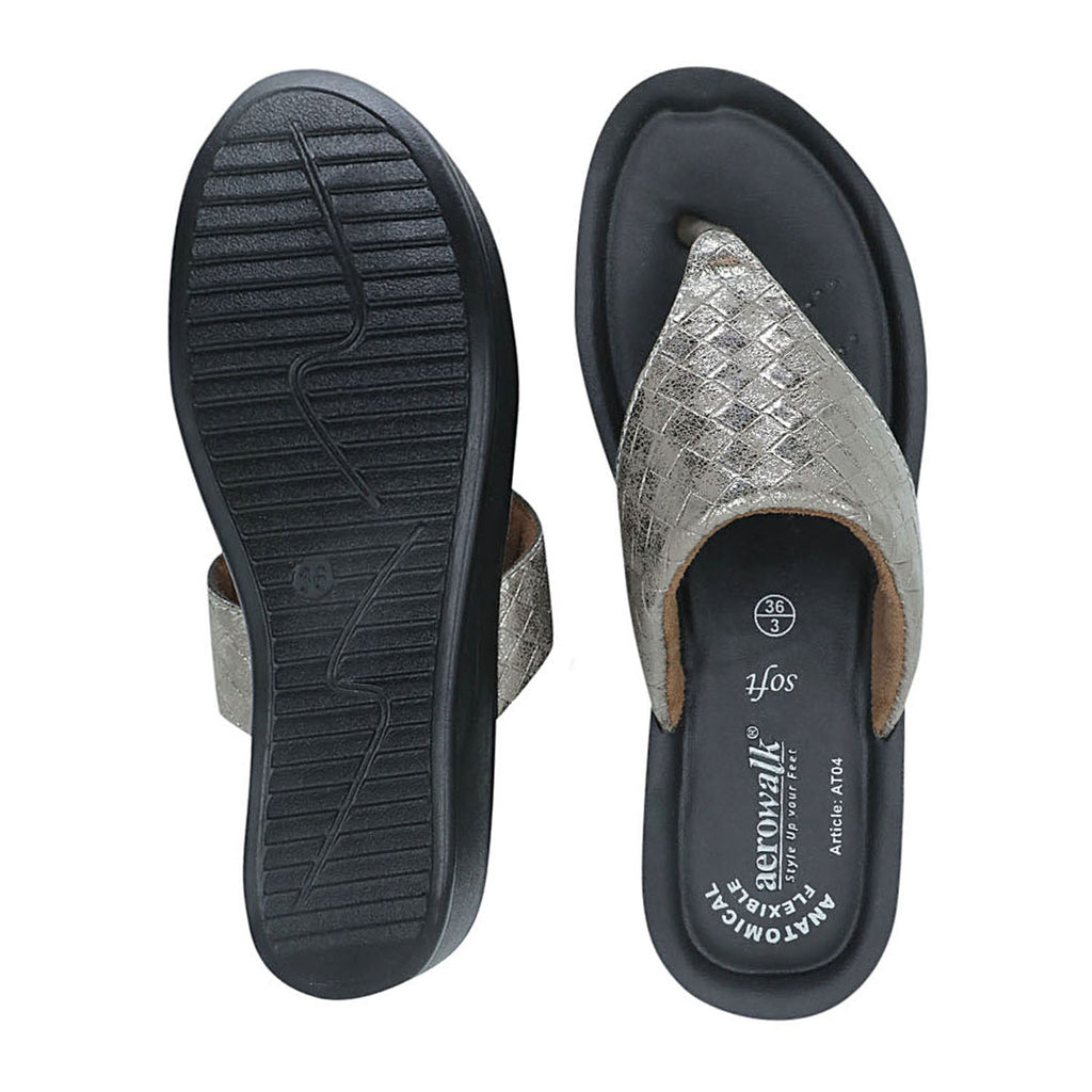 Aerowalk Women Gunmetal Thong Style Sandal with Textured Upper & Slip-on Closure (AT04_G.METAL)