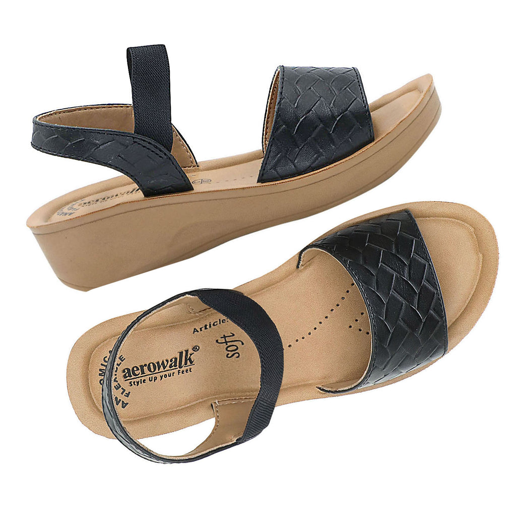 Aerowalk Women Black Sandal with Textured Upper with Back Strap (AT12_BLACK)