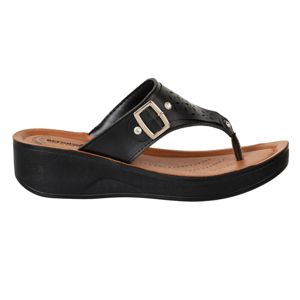 Aerowalk Women Black Thong Sandal with Buckle Styling and Perforated Upper (AT91_BLACK)