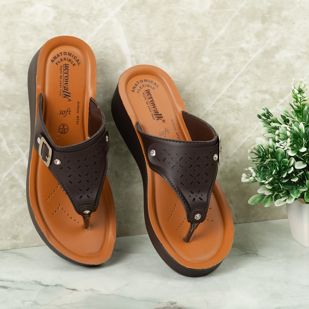 Aerowalk Women Brown Thong Sandal with Buckle Styling and Perforated Upper (AT91_BROWN)