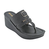 Inblu Women Black Wedges Sandal with Checkered Printed and Buckle Styling Upper (AX08_BLACK)