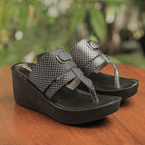 Inblu Women Black Wedges Sandal with Checkered Printed and Buckle Styling Upper (AX08_BLACK)