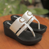 Inblu Women White Wedges Sandal with Checkered Printed and Buckle Styling Upper (AX08_WHITE)