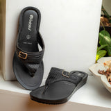 Inblu Women Black Slip-On V-Shape Sandal with Laser Cut & Buckle Styling Upper (BM76_BLACK)