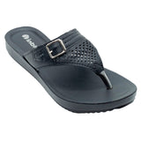 Inblu Women Black Slip-On V-Shape Sandal with Laser Cut & Buckle Styling Upper (BM76_BLACK)