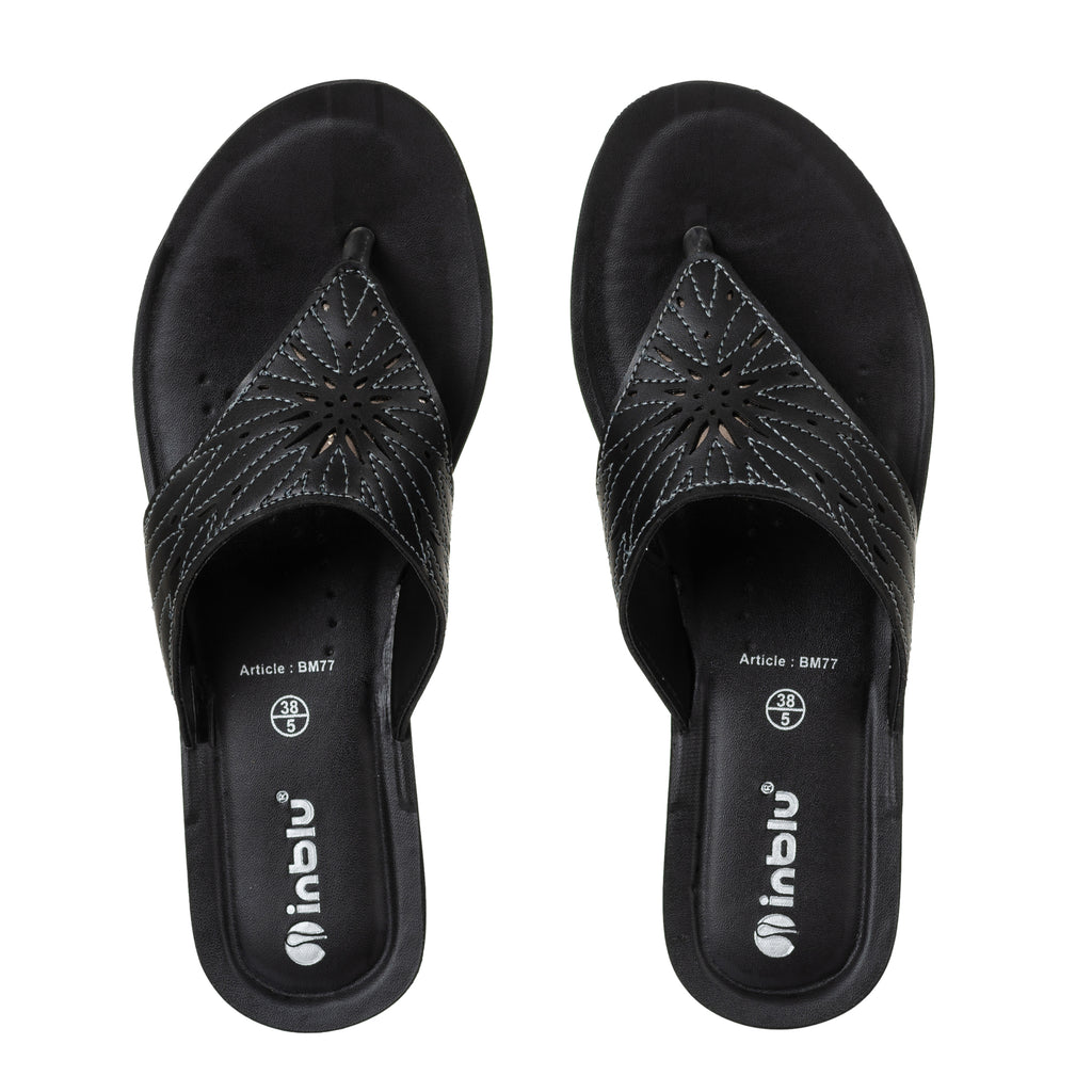 Inblu Women Black Thong Style Sandal with Laser Cut Upper & Slip-on Closure (BM77_BLACK)