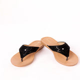 Inblu Women Black V-Shape Sandal with Laser Cut Floral Upper & Slip-on Closure (BMQ7_BLACK)