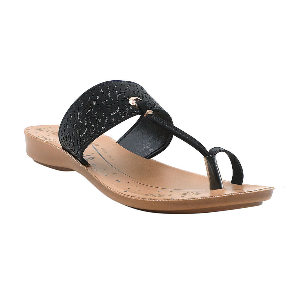 Aerowalk Women Black T Shape Flat Sandal with Laser Cut Upper CN47 BLACK