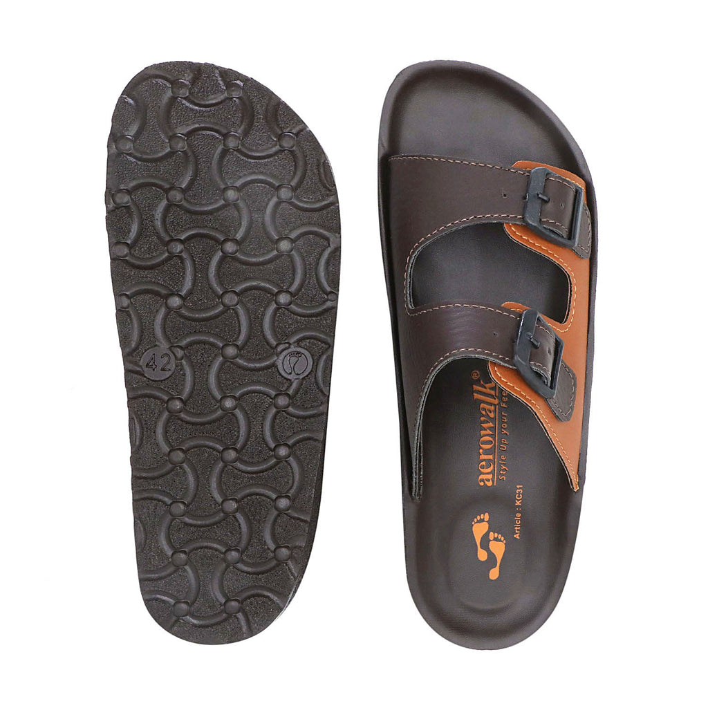Aerowalk Men Brown & Tan Mule Shape Sandal with Buckle Styling (KC31_BROWN+TAN)