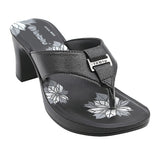 Inblu Women Black Floral Printed V-Shape Block Heel Sandal with Buckle Styling Upper (MS02_BLACK)