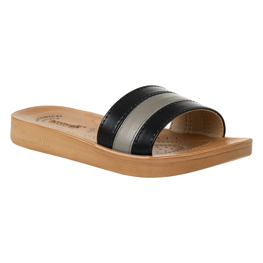 Aerowalk Women Black & Silver Slide Design Sandal with Colorblocked Upper (MZ05_BLACK)
