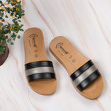 Aerowalk Women Black & Silver Slide Design Sandal with Colorblocked Upper (MZ05_BLACK)
